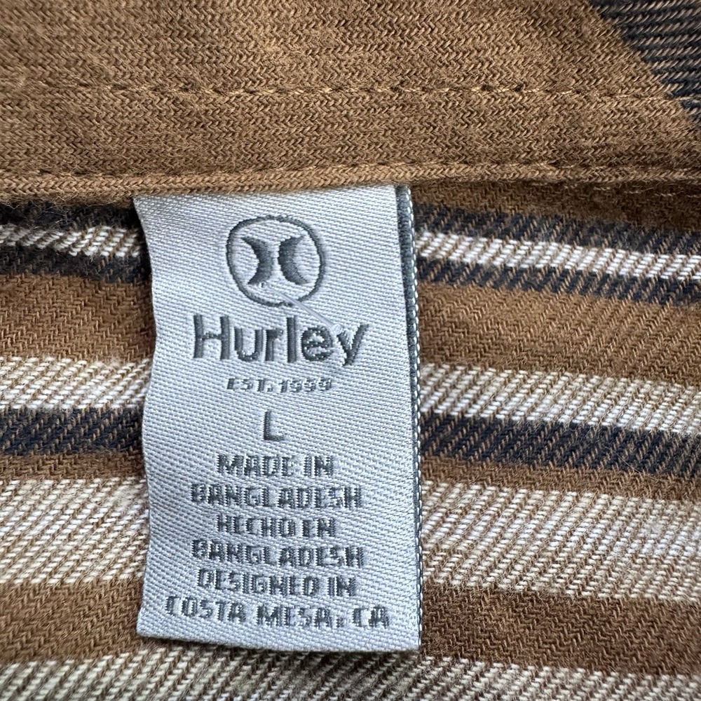 Hurley Mens Portland Flannel Shirt L Brozed Striped Long Sleeve Button Up NWT - Picture 2 of 9